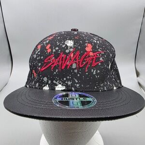 OG Hustle Savage Snapback Hat Black Red Paint Splatter Faux Leather Brim Cap